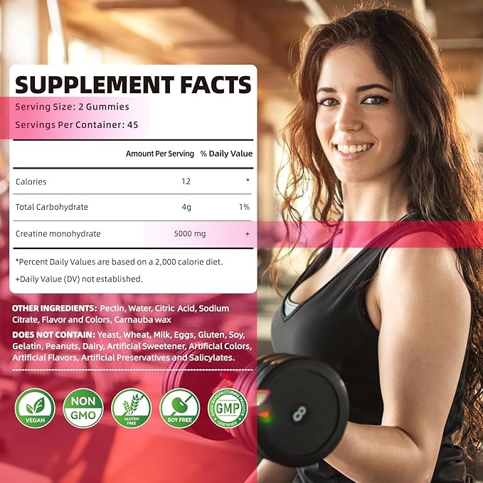 Creatine Monohydrate Gummies 5000mg – Vegan, Sugar-Free Chewables for Muscle Strength, Energy & Recovery – Pre-Workout Supplement for Men & Women – Strawberry Flavor – 90 Count