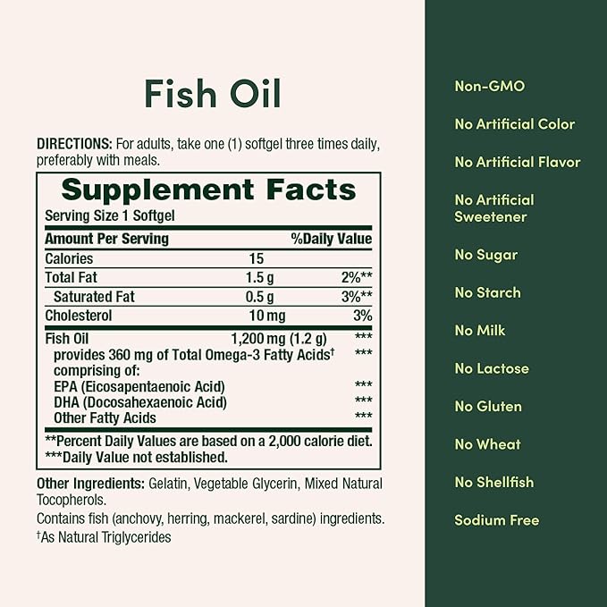 Nature's Bounty Fish Oil 1200mg, Omega-3 Supplement for Heart Health, 200 Softgels – EPA & DHA, Burpless, Purified for Mercury, Omega 3 for Men & Women