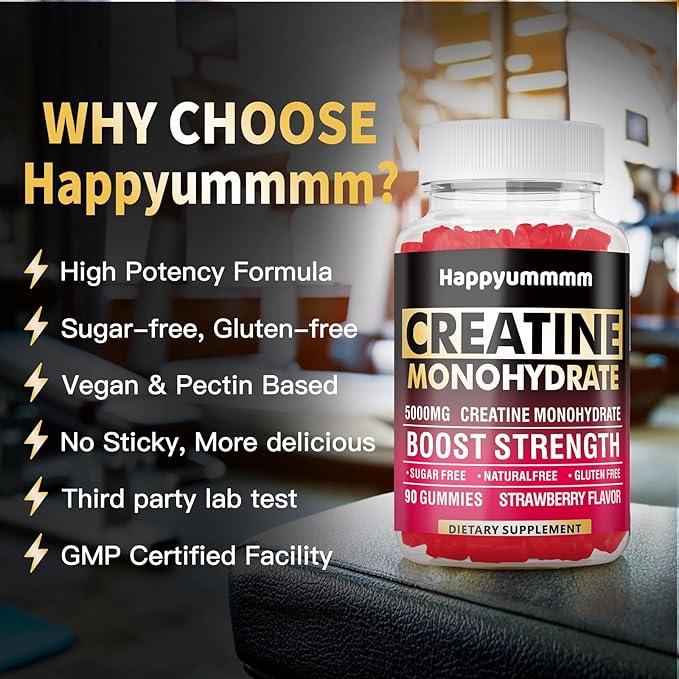 Creatine Monohydrate Gummies 5000mg – Vegan, Sugar-Free Chewables for Muscle Strength, Energy & Recovery – Pre-Workout Supplement for Men & Women – Strawberry Flavor – 90 Count