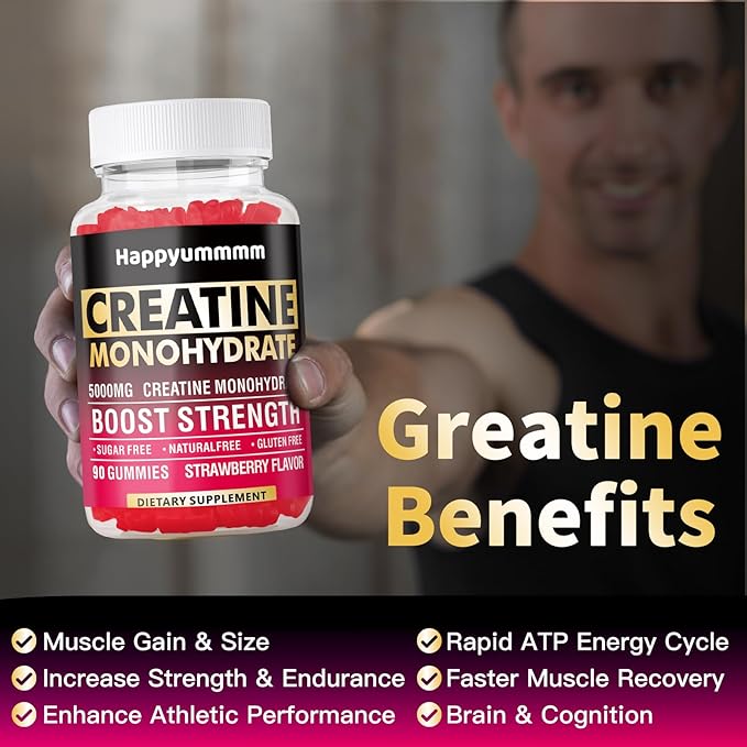 Creatine Monohydrate Gummies 5000mg – Vegan, Sugar-Free Chewables for Muscle Strength, Energy & Recovery – Pre-Workout Supplement for Men & Women – Strawberry Flavor – 90 Count