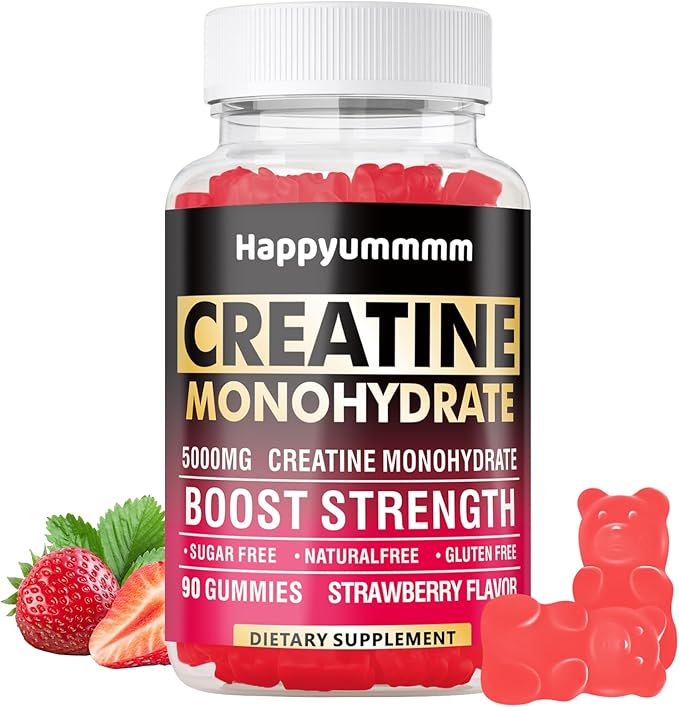 Creatine Monohydrate Gummies 5000mg – Vegan, Sugar-Free Chewables for Muscle Strength, Energy & Recovery – Pre-Workout Supplement for Men & Women – Strawberry Flavor – 90 Count