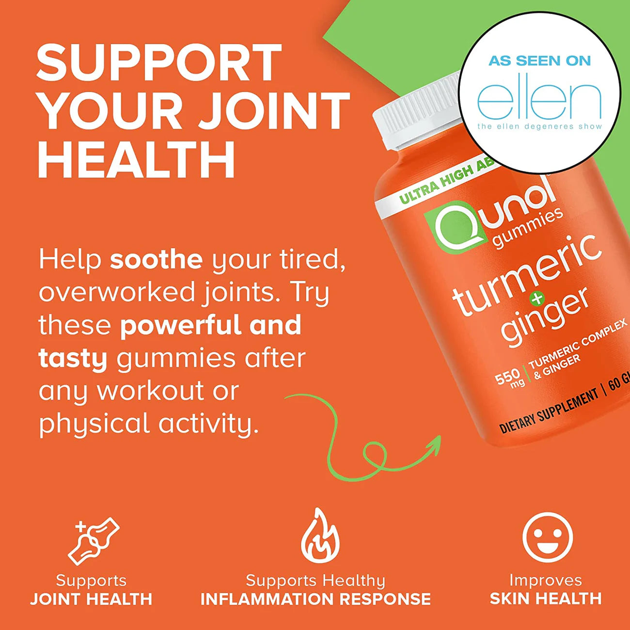 Qunol Turmeric + Ginger Gummies 550mg – High Absorption Curcumin with Ginger Root – Joint & Inflammation Support – Vegan, Gluten-Free – 60 Count – Tangerine Flavor