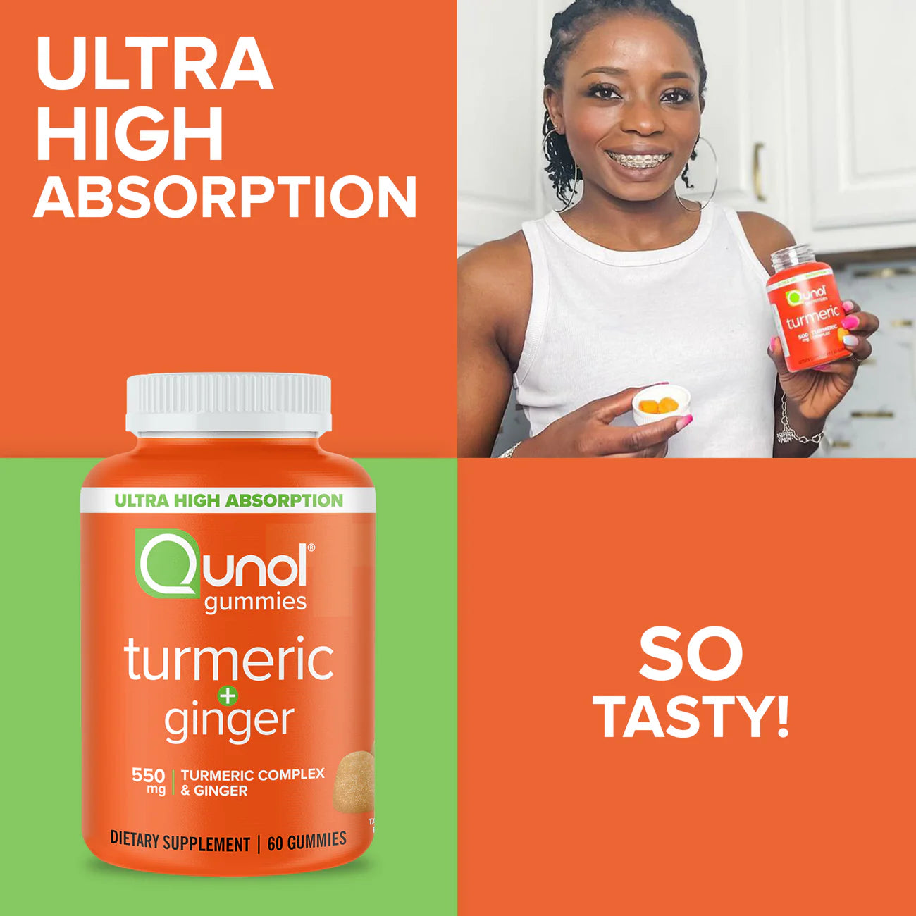 Qunol Turmeric + Ginger Gummies 550mg – High Absorption Curcumin with Ginger Root – Joint & Inflammation Support – Vegan, Gluten-Free – 60 Count – Tangerine Flavor