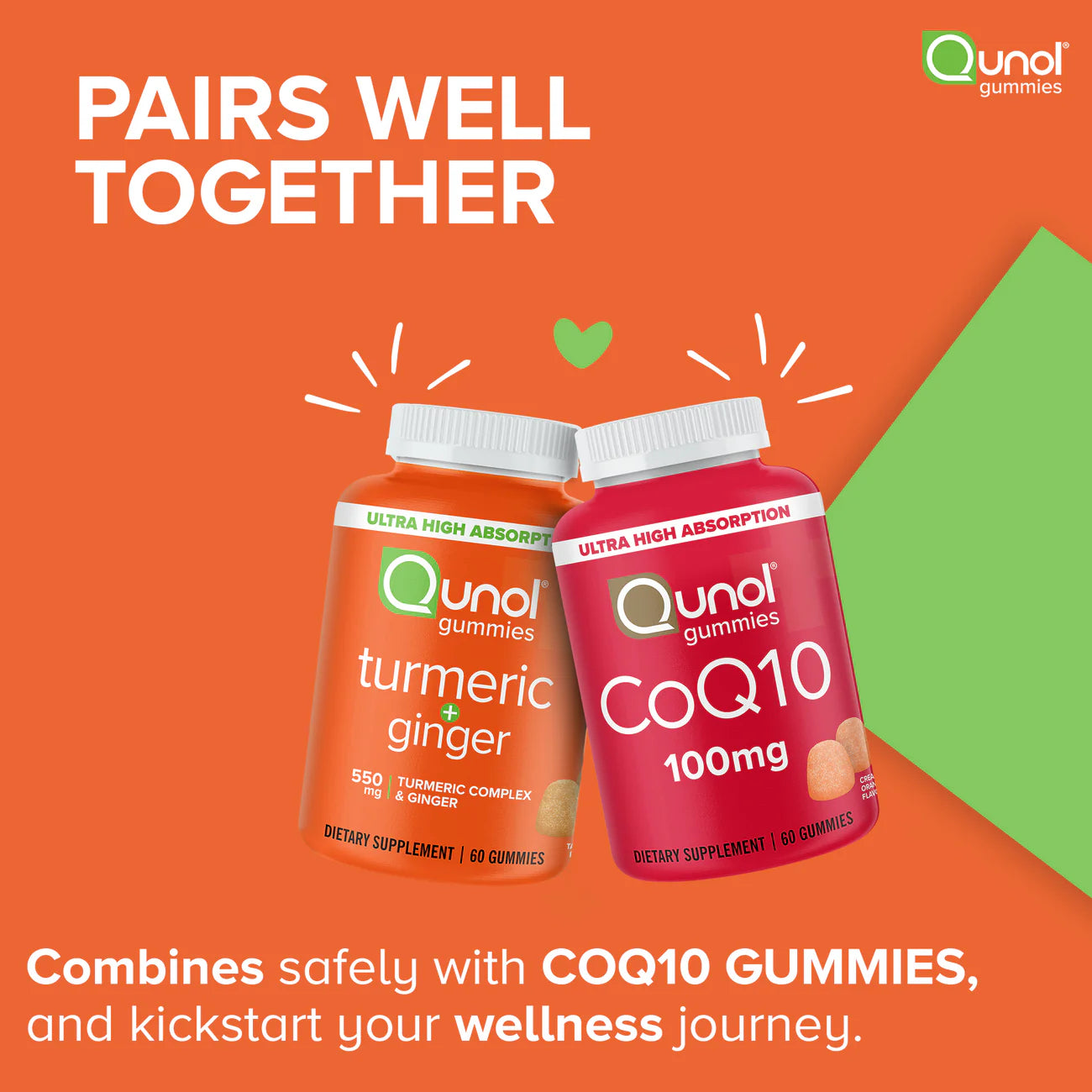 Qunol Turmeric + Ginger Gummies 550mg – High Absorption Curcumin with Ginger Root – Joint & Inflammation Support – Vegan, Gluten-Free – 60 Count – Tangerine Flavor