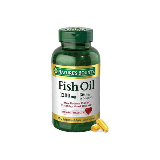 Nature's Bounty Fish Oil 1200mg, Omega-3 Supplement for Heart Health, 200 Softgels – EPA & DHA, Burpless, Purified for Mercury, Omega 3 for Men & Women
