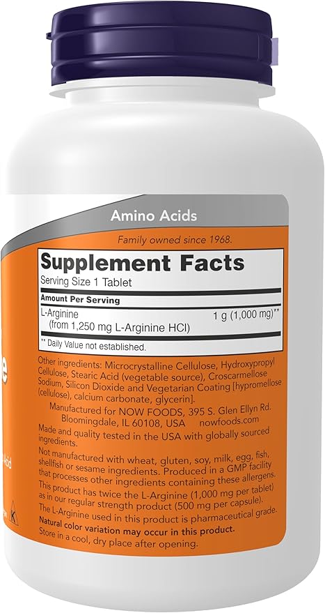 NOW Foods L-Arginine 1,000mg – Double Strength Nitric Oxide Precursor*, Amino Acid Supplement, 120 Tablets – Non-GMO, Kosher, Soy-Free, GMP Quality Assured