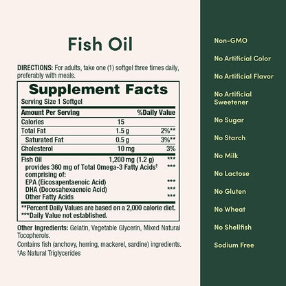 Nature's Bounty Fish Oil 1200mg, Omega-3 Supplement for Heart Health, 200 Softgels – EPA & DHA, Burpless, Purified for Mercury, Omega 3 for Men & Women