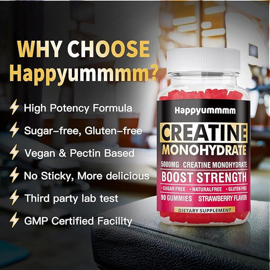 Creatine Monohydrate Gummies 5000mg – Vegan, Sugar-Free Chewables for Muscle Strength, Energy &amp; Recovery – Pre-Workout Supplement for Men &amp; Women – Strawberry Flavor – 90 Count