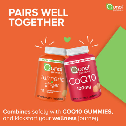 Qunol Turmeric + Ginger Gummies 550mg – High Absorption Curcumin with Ginger Root – Joint & Inflammation Support – Vegan, Gluten-Free – 60 Count – Tangerine Flavor